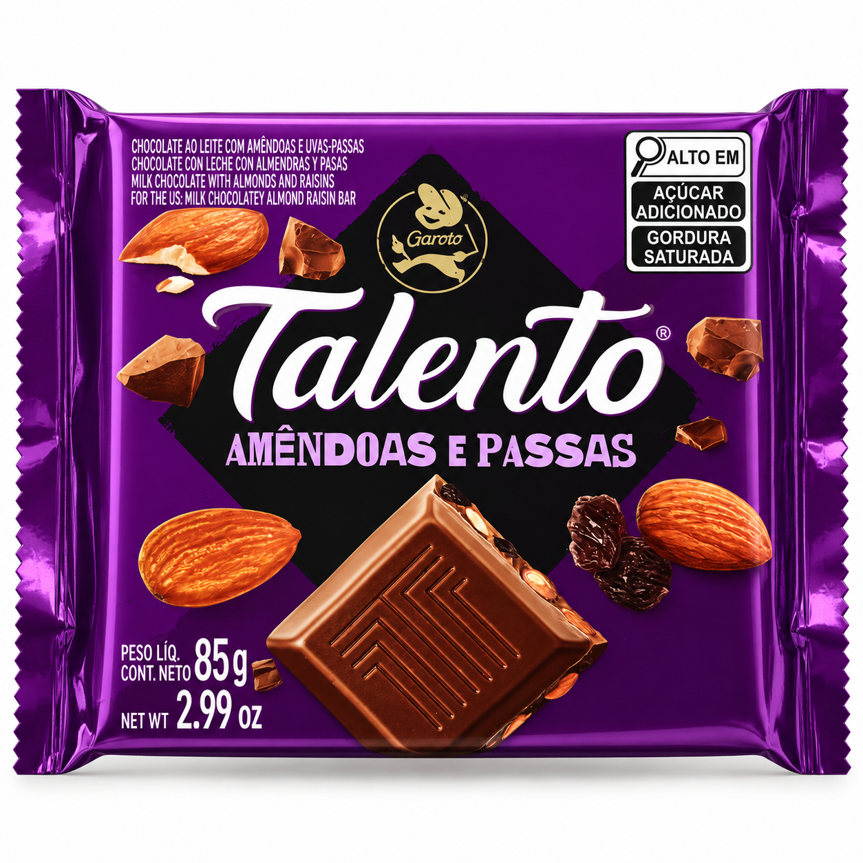 Chocolate Talento com Amêndoas e Passas 3.00 oz / 85 gr – Garoto Talento 261076    -    Almond & Raisin Chocolate Bar 3.00 oz / 85 gr – Garoto Talento