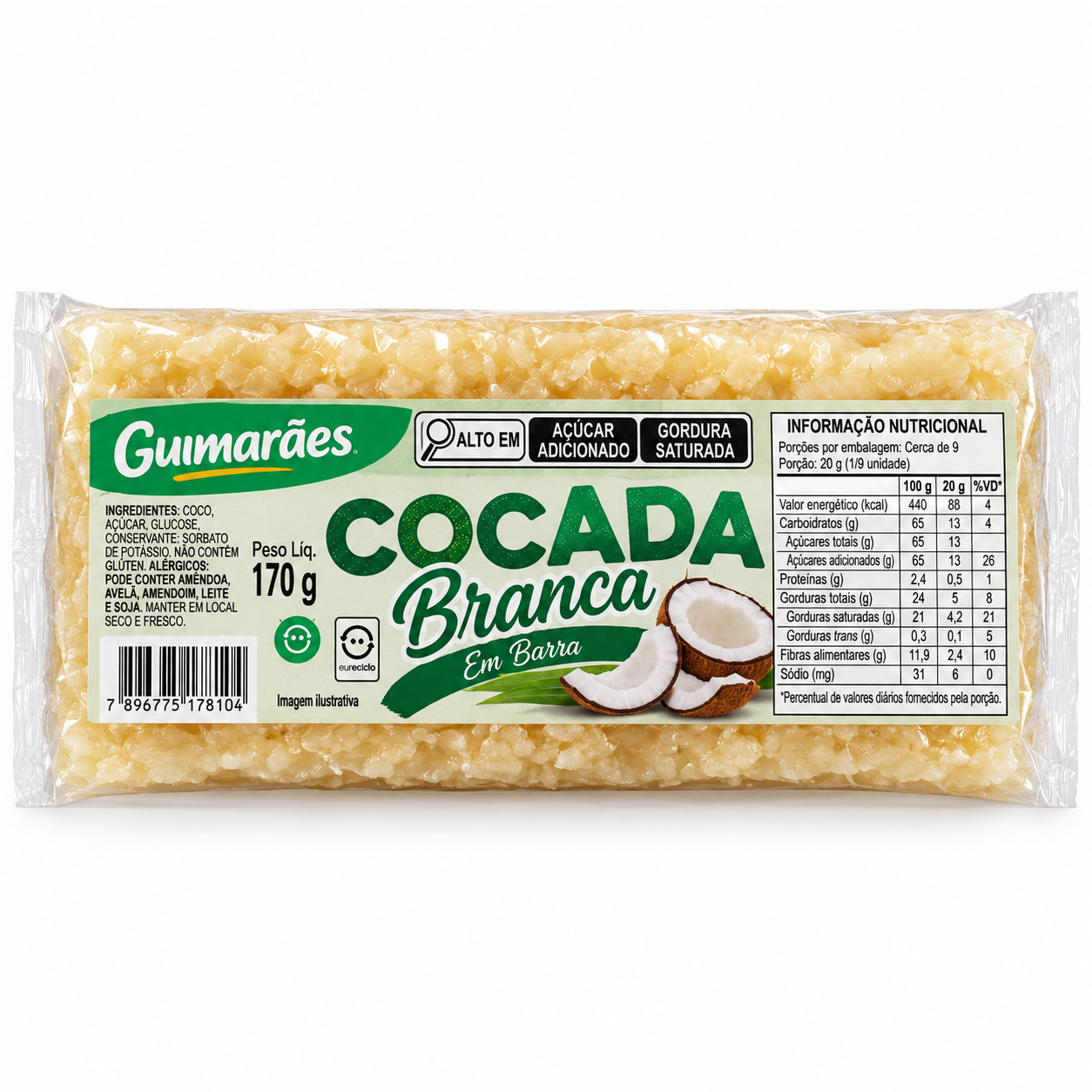 Cocada Branca em Barra 6.00 oz / 170 gr – Guimarães 261076    -    White Coconut Candy Bar (Cocada Branca) 6.00 oz / 170 gr – Guimarães