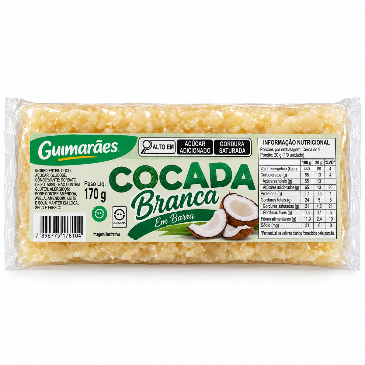 Cocada Branca em Barra 6.00 oz / 170 gr – Guimarães 261076    -    White Coconut Candy Bar (Cocada Branca) 6.00 oz / 170 gr – Guimarães