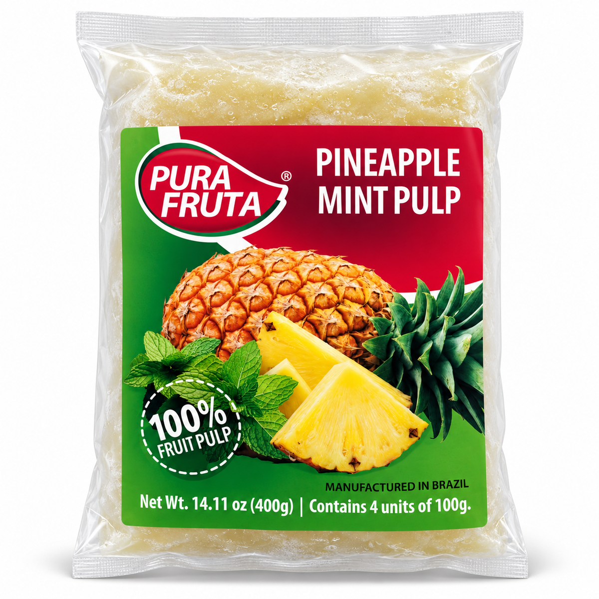Polpa de Abacaxi com Hortelã 14.1 oz / 400 gr – Pura Fruta 261076    -    Pineapple & Mint Fruit Pulp 14.1 oz / 400 gr – Pura Fruta