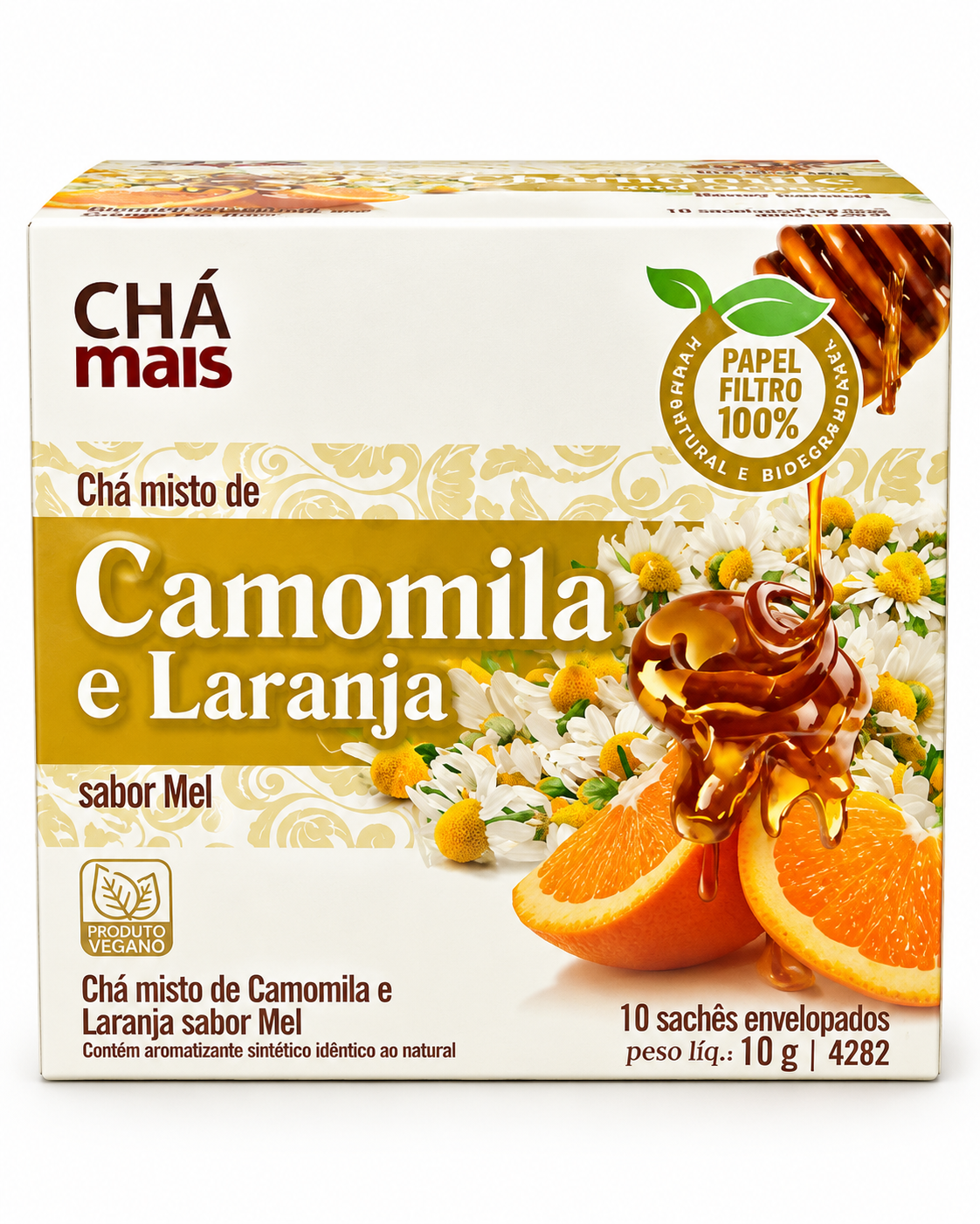Chá de Camomila, Laranja e Aroma de Mel 0.35 oz / 10 gr (10 Sachês) – Chá Mais 261076    -    Chamomile, Orange & Honey-Flavored Tea 0.35 oz / 10 gr (10 Tea Bags) – Chá Mais